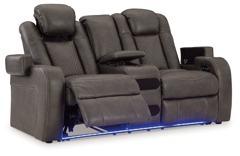 Sofá reclinable de dos plazas Fyne-Dyme con consola/reposacabezas ajustable