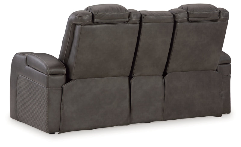 Sofá reclinable de dos plazas Fyne-Dyme con consola/reposacabezas ajustable