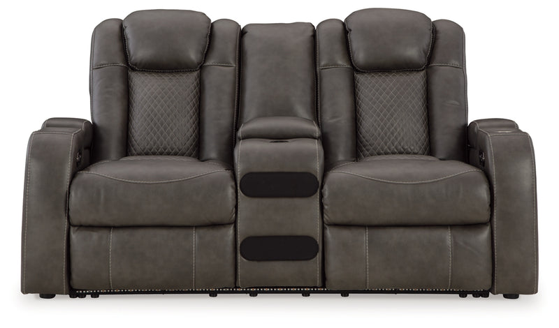 Sofá reclinable de dos plazas Fyne-Dyme con consola/reposacabezas ajustable
