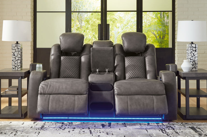 Sofá reclinable de dos plazas Fyne-Dyme con consola/reposacabezas ajustable