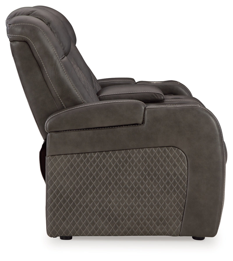 Sofá reclinable de dos plazas Fyne-Dyme con consola/reposacabezas ajustable