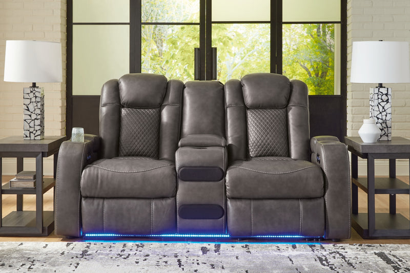Sofá reclinable de dos plazas Fyne-Dyme con consola/reposacabezas ajustable