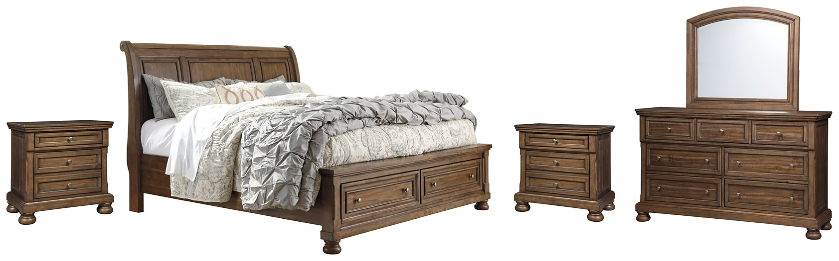 Flynnter  Sleigh Bed With 2 Storage Drawers With Mirrored Dresser And 2 Nightstands