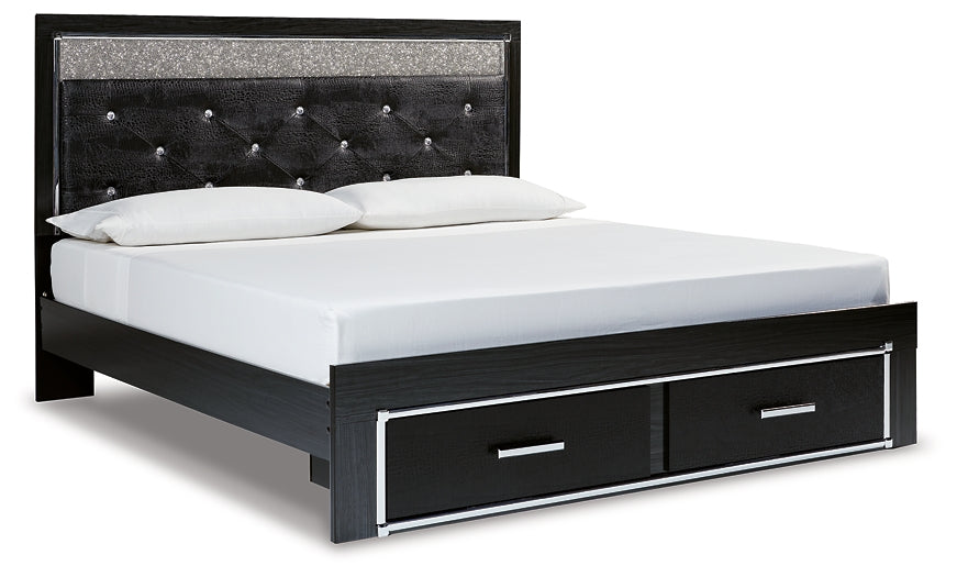 Kaydell King Upholstered Panel Storage Platform Bed with Mirrored Dresser