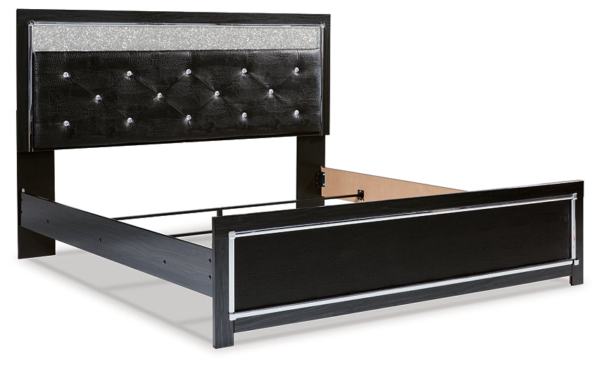 Kaydell King Upholstered Panel Platform Bed with Mirrored Dresser, Chest and Nightstand