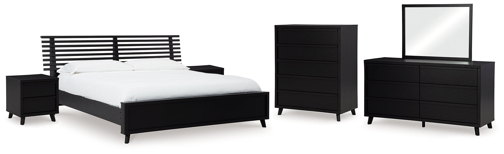 Danziar King Panel Bed with Mirrored Dresser, Chest and 2 Nightstands